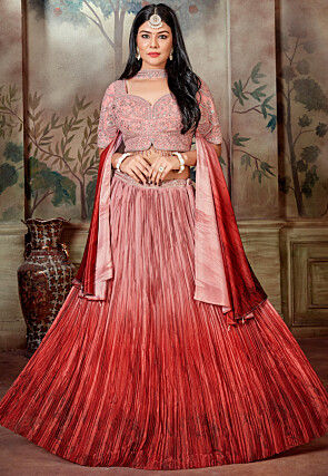 Embroidered Satin Silk Lehenga in Shaded Old Rose and Red