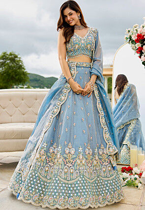 Embroidered Satin Silk Lehenga in Sky Blue