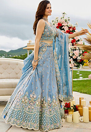 Embroidered Satin Silk Lehenga in Sky Blue