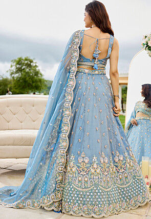 Embroidered Satin Silk Lehenga in Sky Blue