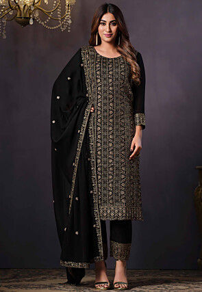 Embroidered Satin Silk Pakistani Suit in Black
