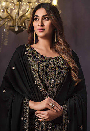 Embroidered Satin Silk Pakistani Suit in Black