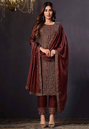 Embroidered Satin Silk Pakistani Suit in Brown