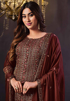 Embroidered Satin Silk Pakistani Suit in Brown