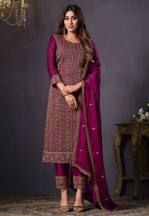 Embroidered Satin Silk Pakistani Suit in Magenta