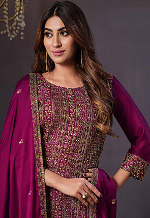Embroidered Satin Silk Pakistani Suit in Magenta