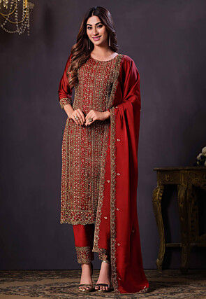 Embroidered Satin Silk Pakistani Suit in Maroon