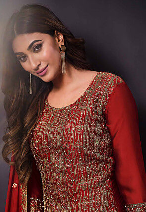Embroidered Satin Silk Pakistani Suit in Maroon
