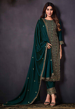 Embroidered Satin Silk Pakistani Suit in Teal Blue