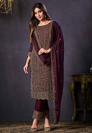 Embroidered Satin Silk Pakistani Suit in Wine