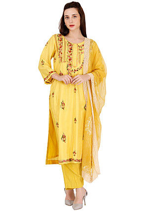 Embroidered Satin Silk Pakistani Suit in Yellow