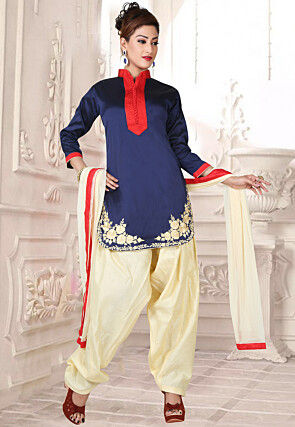 Embroidered Satin Silk Punjabi Suit in Navy Blue