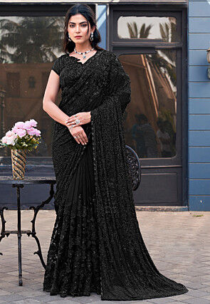 Embroidered Satin Silk Saree in Black