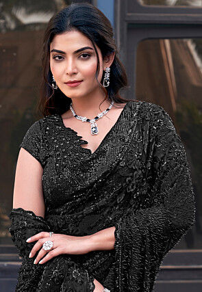 Embroidered Satin Silk Saree in Black