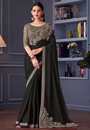 Embroidered Satin Silk Saree in Black