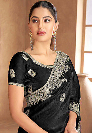 Embroidered Satin Silk Saree in Black