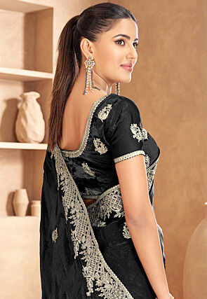Embroidered Satin Silk Saree in Black