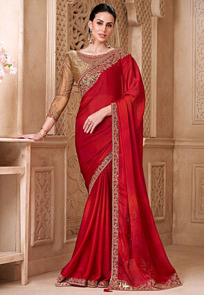 Embroidered Border Satin Silk Saree in Dark Fuchsia