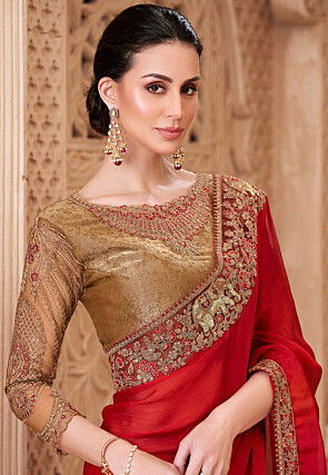 Embroidered Border Satin Silk Saree in Dark Fuchsia