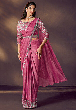 Pre Stitched Satin Silk Crush Scalloped Saree in Dark Pink