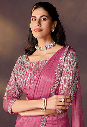 Pre Stitched Satin Silk Crush Scalloped Saree in Dark Pink