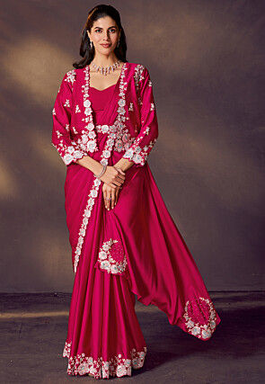 Pre Stitched Satin Silk Scalloped Saree in Fuchsia