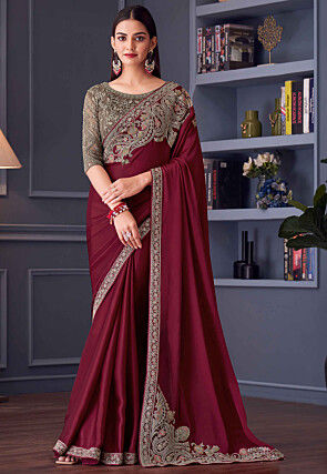 Embroidered Satin Silk Saree in Maroon