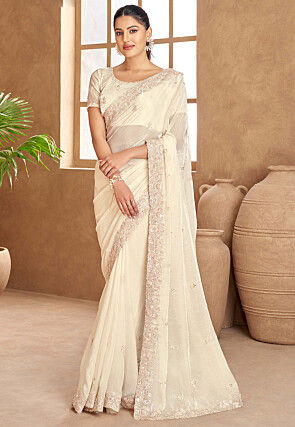 Embroidered Satin Silk Saree in Off White