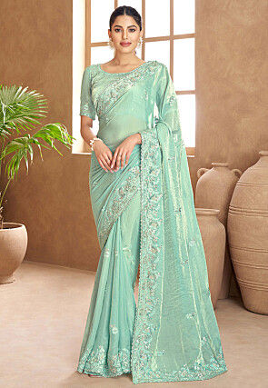 Embroidered Satin Silk Saree in Sea Green