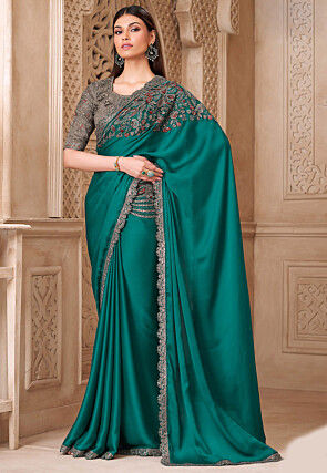 Embroidered Satin Silk Saree in Teal Blue