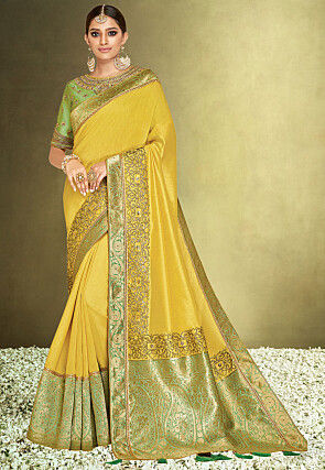 Embroidered Satin Silk Saree in Yellow