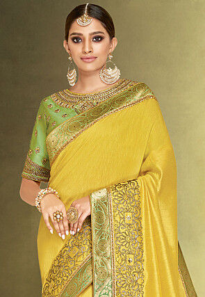 Embroidered Satin Silk Saree in Yellow