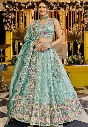 Embroidered Satin Silk Scalloped Lehenga in Light Blue