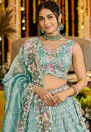 Embroidered Satin Silk Scalloped Lehenga in Light Blue