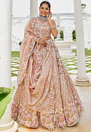 Embroidered Satin Silk Scalloped Lehenga in Light Peach