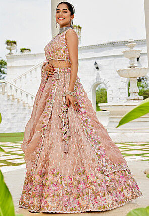 Embroidered Satin Silk Scalloped Lehenga in Light Peach
