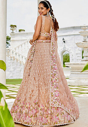 Embroidered Satin Silk Scalloped Lehenga in Light Peach