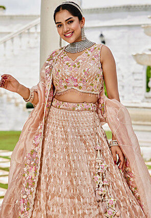 Embroidered Satin Silk Scalloped Lehenga in Light Peach