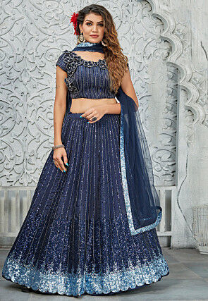 Embroidered Satin Silk Scalloped Lehenga in Navy Blue