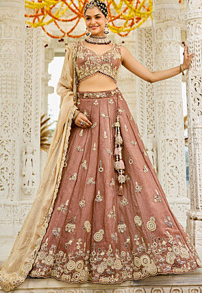 Embroidered Satin Silk Scalloped Lehenga in Old Rose