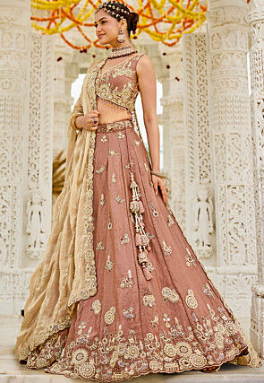 Embroidered Satin Silk Scalloped Lehenga in Old Rose