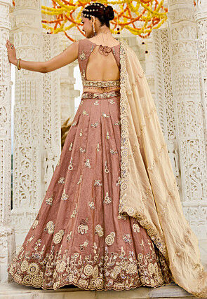 Embroidered Satin Silk Scalloped Lehenga in Old Rose