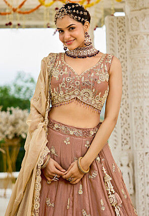 Embroidered Satin Silk Scalloped Lehenga in Old Rose