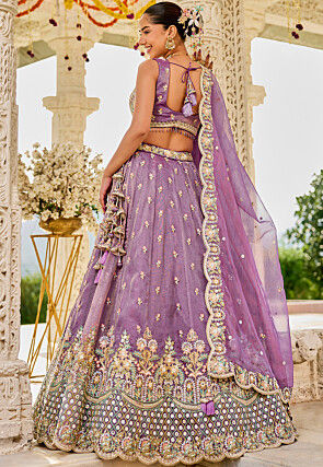 Embroidered Satin Silk Scalloped Lehenga in Purple