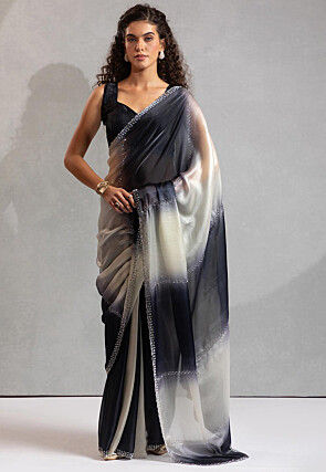 Embroidered Satin Silk Scalloped Saree in Black and Off White