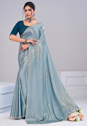 Embroidered Satin Silk Scalloped Saree in Dusty Blue