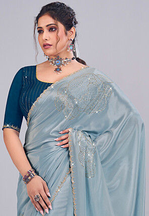 Embroidered Satin Silk Scalloped Saree in Dusty Blue