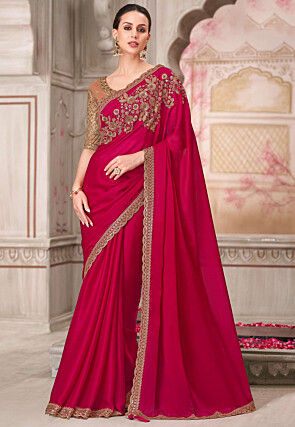 Embroidered Satin Silk Scalloped Saree in Fuchsia