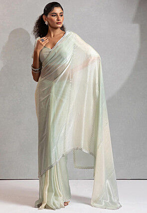 Embroidered Satin Silk Saree in Light Green and Off White