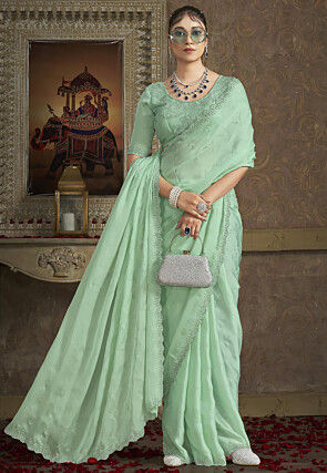 Embroidered Satin Silk Scalloped Saree in Light Green